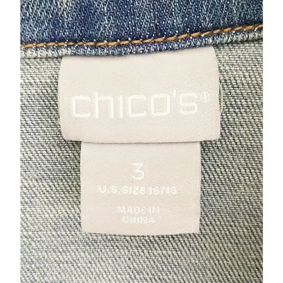 Chico's Womens Embroidered Floral Jean Jacket Shacket Stretch Welt/Chest Pockets